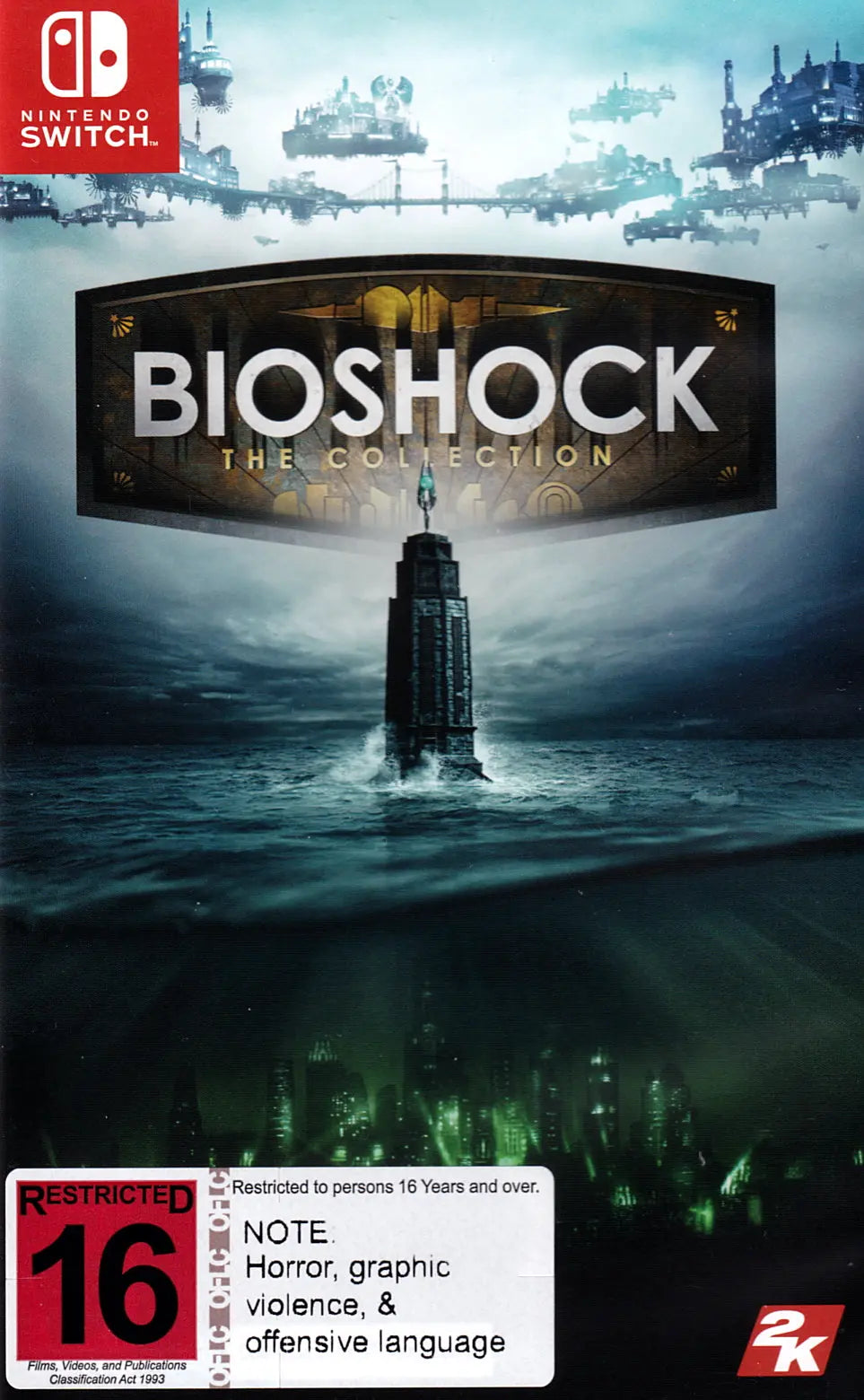 Cover of 'BioShock: The Collection' for Nintendo Switch with game title and rating displayed.
