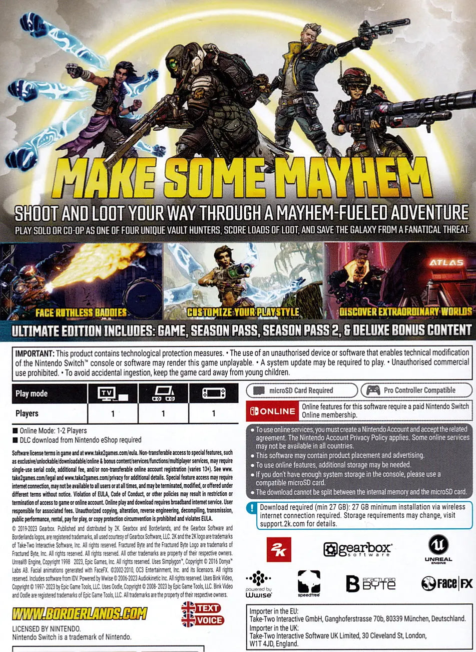 Borderlands 3 Ultimate Edition Switch Back Cover Art