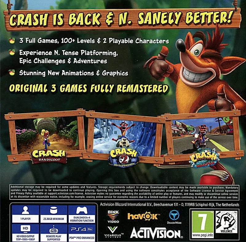 Crash Bandicoot N Sane Trilogy PS4 Back Cover Art