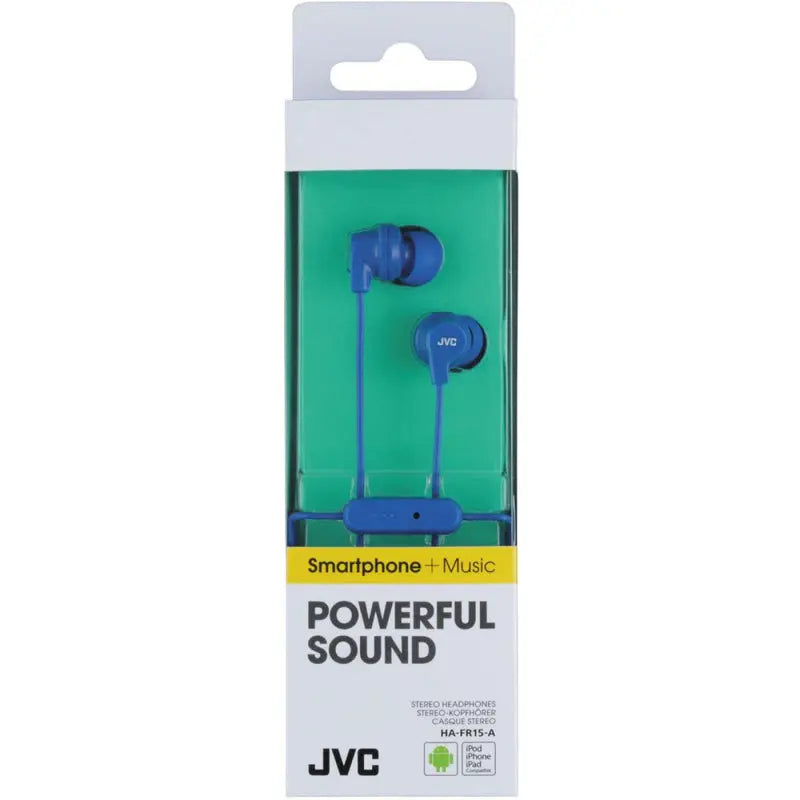 JVC Powerful Sound Earphones Product Packaging Blue