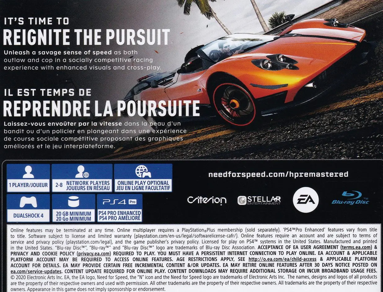 Need For Speed Hot Pursuit Remastered PS4 Back Cover Art