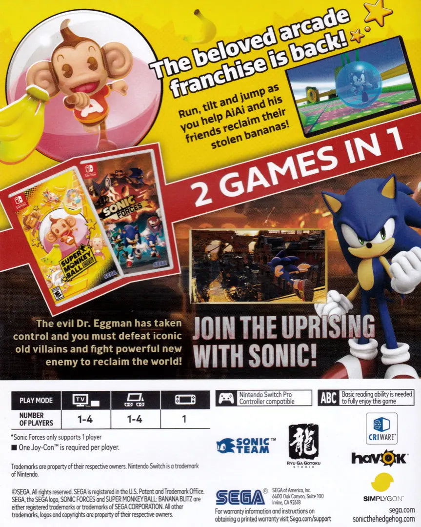 Sonic Forces + Super Monkey Ball Banana Blitz HD Switch Back Cover Art