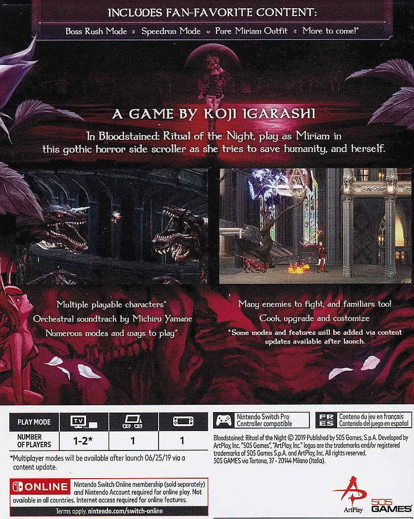 Bloodstained Ritual of the Night Switch Back Cover Art